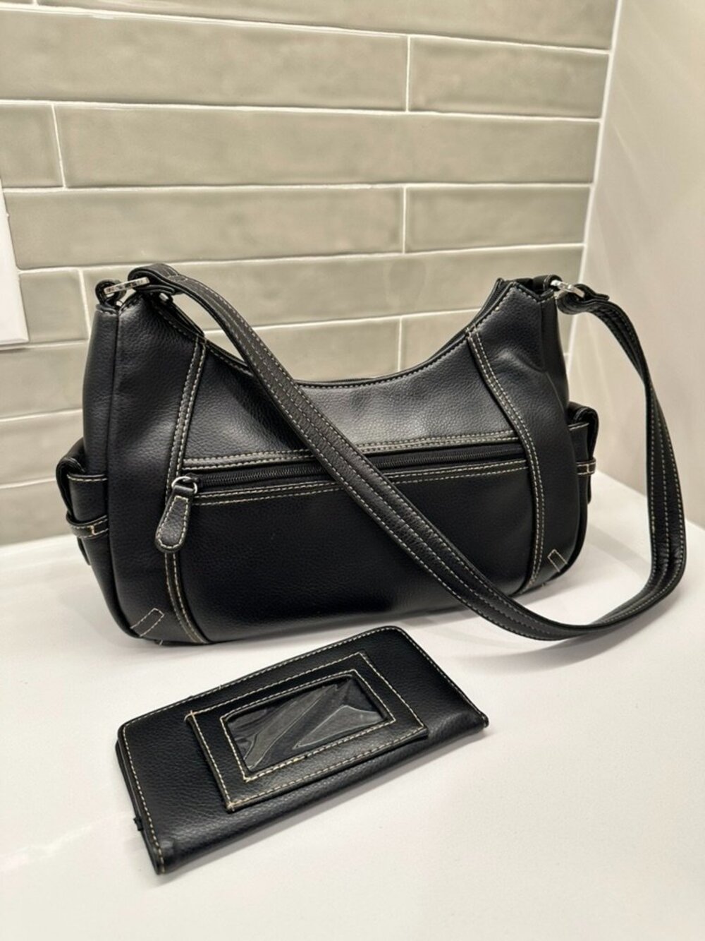 Black pebbled faux leather shoulder bag